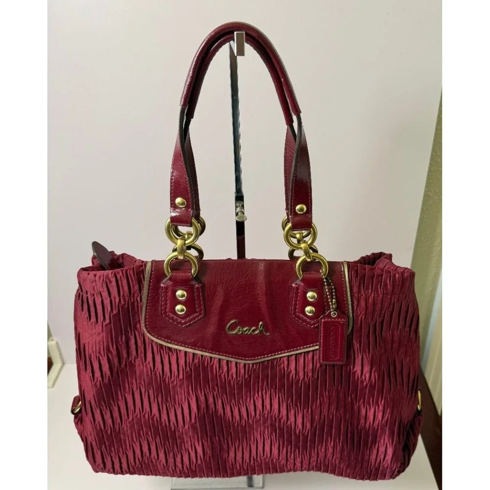Coach Ashley Gathered Twist Satin Satchel Burgundy Patent Leather Bag F20050